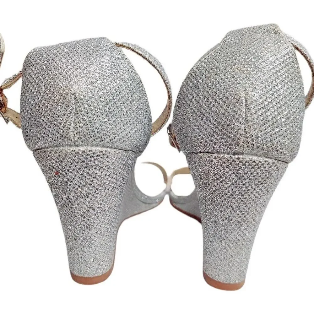 Silver Glitter Classic Wedge Heel Size 7‎ Open Toe Ankle Strap Sandals Wedding